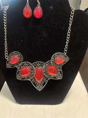 paparazzi Red Teardrop Filigree Necklace & Earrings Set